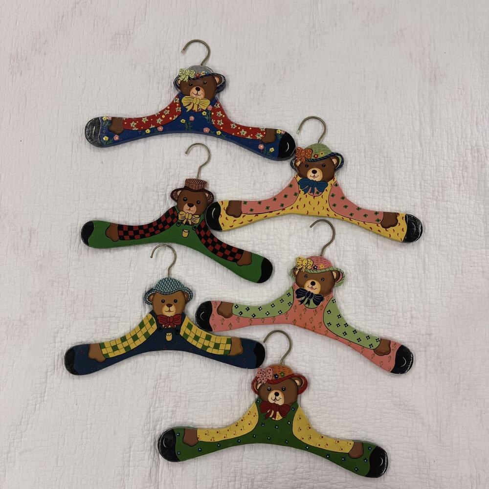 Set Of 5 Vintage 90’s Hand Painted Wooden Children's Hangers Bears